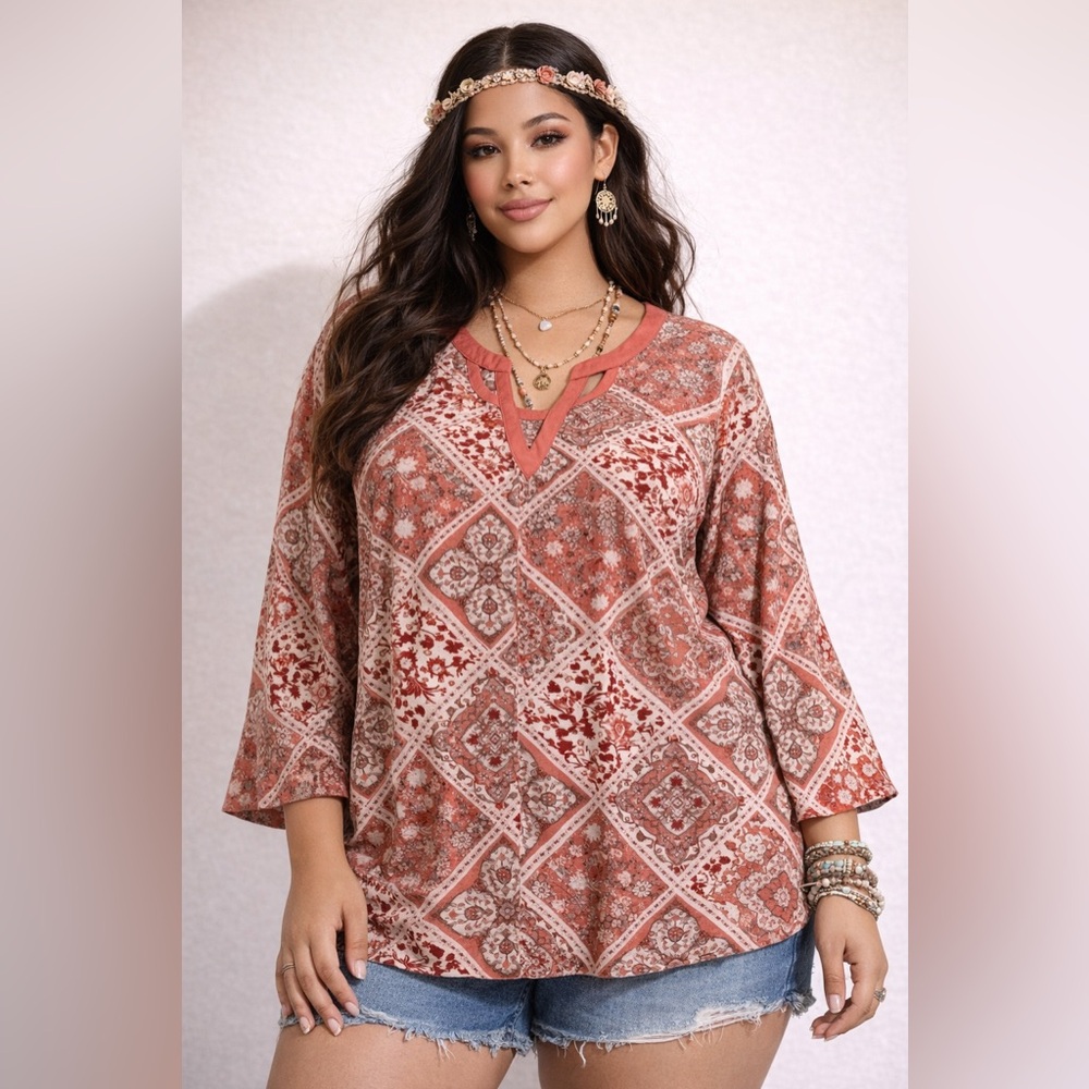 Boho Tunic Top 3X Plus Size Coral Floral Blouse NWT Lightweight Cottagecore
